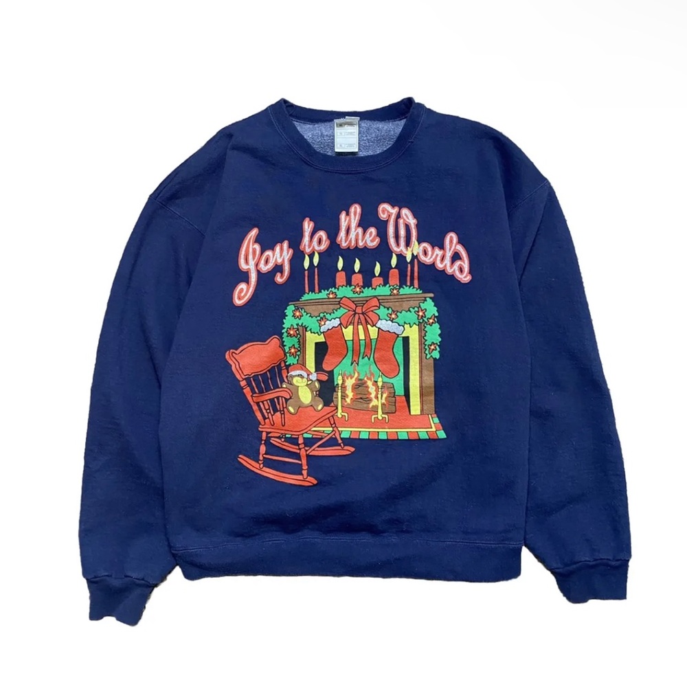 Vtg 1990s Joy To The World Christmas Sweatshirt Crewneck Mens 90s Navy Size XL